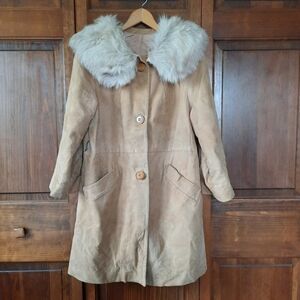 Vintage 60s/70s custom made tan suede leather fur collar long line coat *FLAWED*